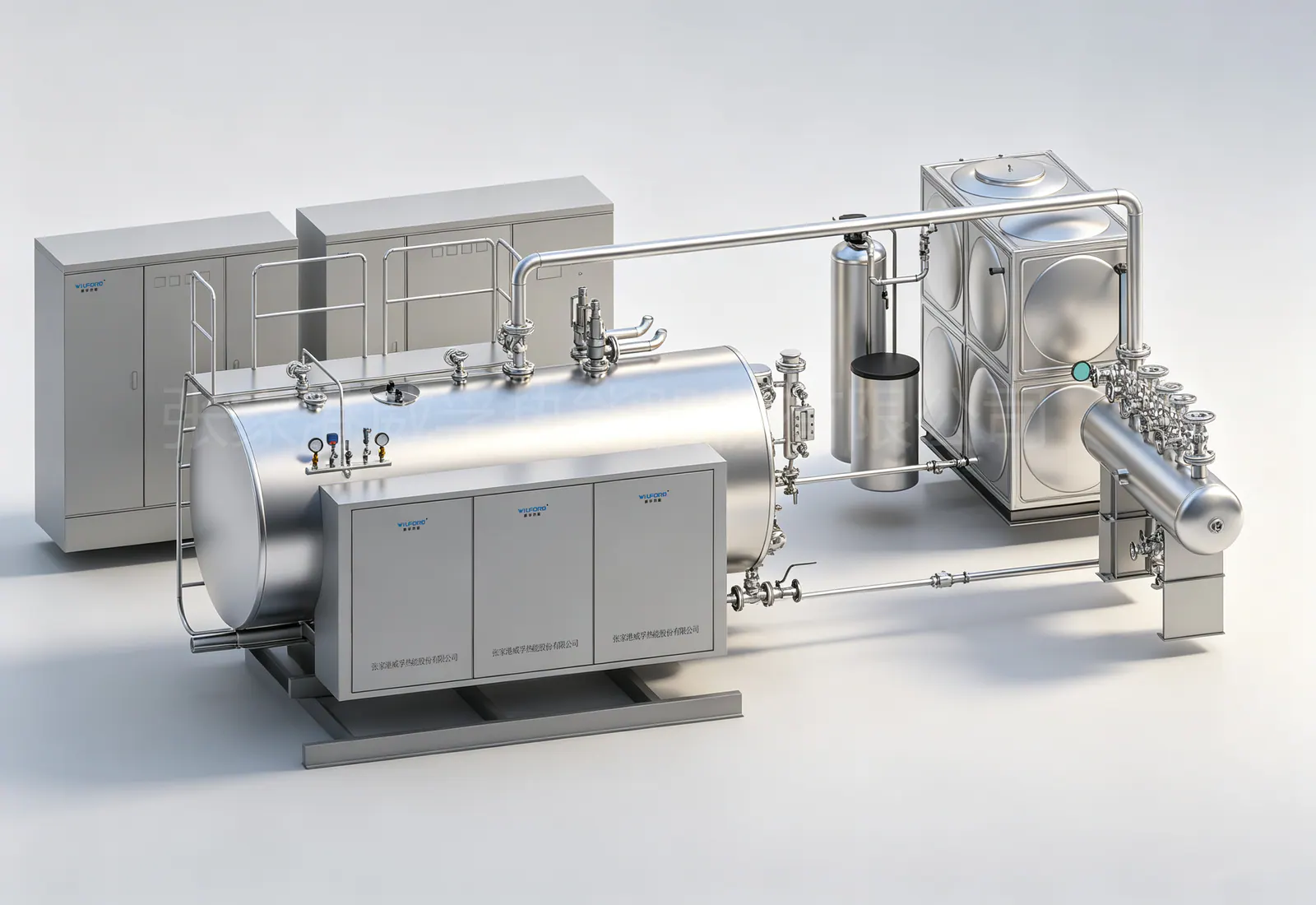 A complete WDR system with water treatment, feed tank and control cabinets.